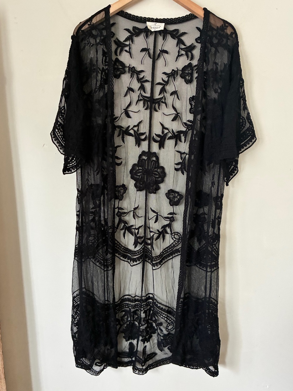 Ember Black Grunge Mesh Floral Embroidered Kimono Sheer Scalloped Lace Wrap S